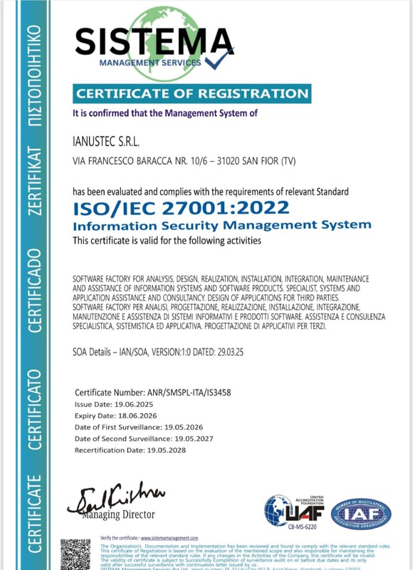 IANUSTEC ISO/IEC 27001:2022 certificate