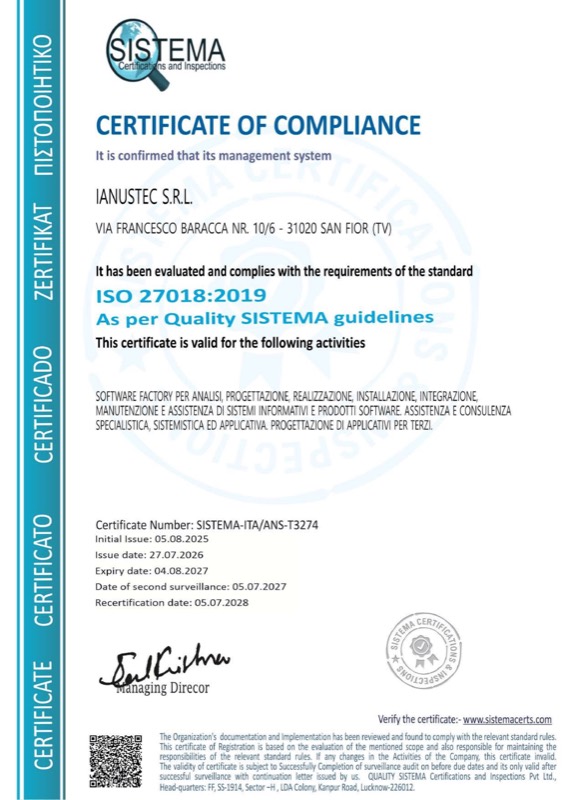 IANUSTEC ISO 27018:2019 certificate